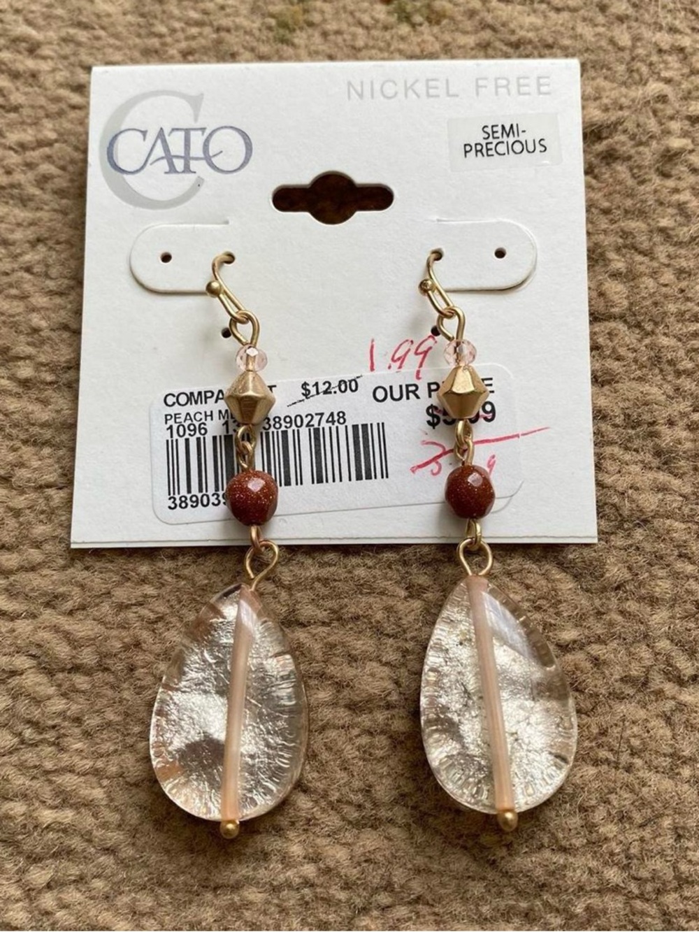 Cato Gold and Peach Teardrop Dangle Earrings